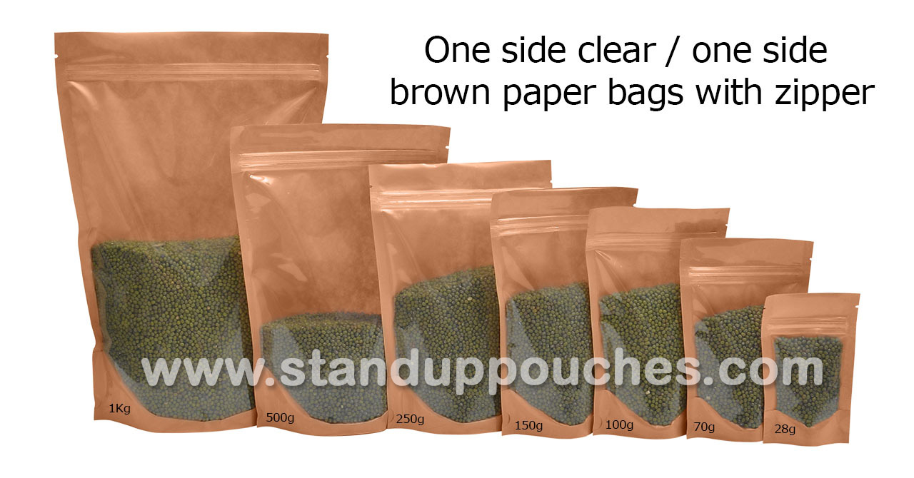 One Side Clear / One Side Brown Paper Bags With Zipper